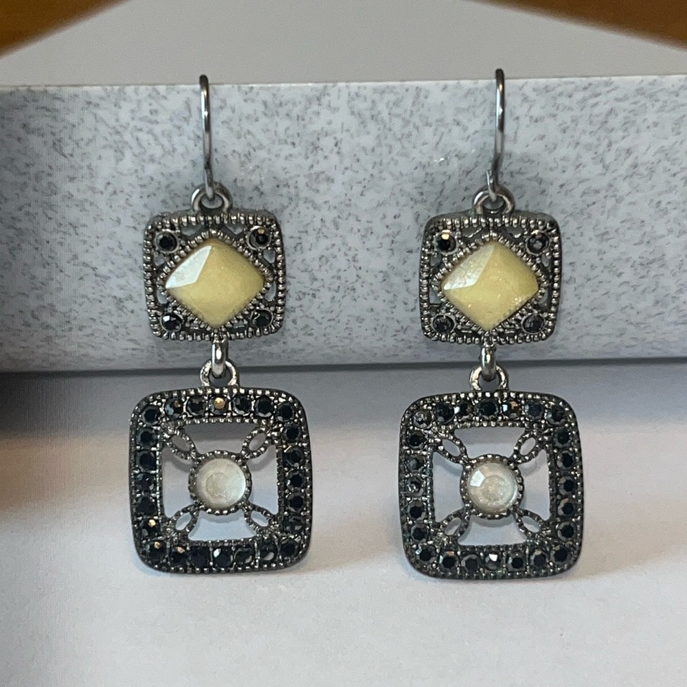 Dual Silver Square Shaped With Gems Fish Hook Costume Statement Fashion Earrings